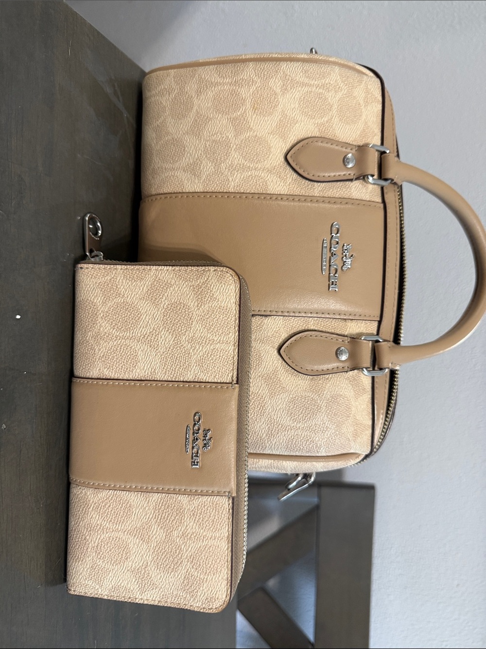 Coach Beige and Tan Leather-Trim Satchel and matching wallet